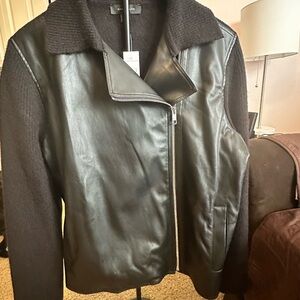 Black Feaux Leather Jacket with sweater Sleeves